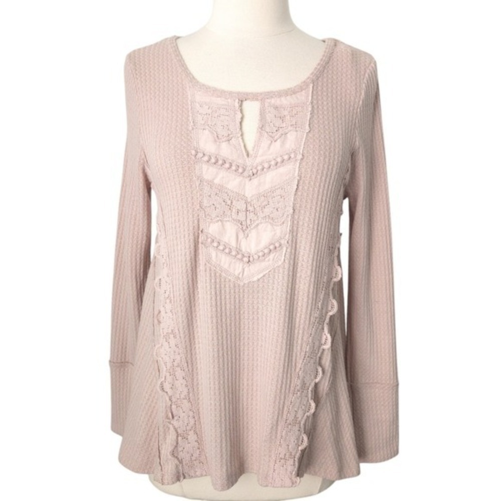 Altar'd State Mauve Pink Lace Thermal Knit Boho Long Sleeve Top- Small, S